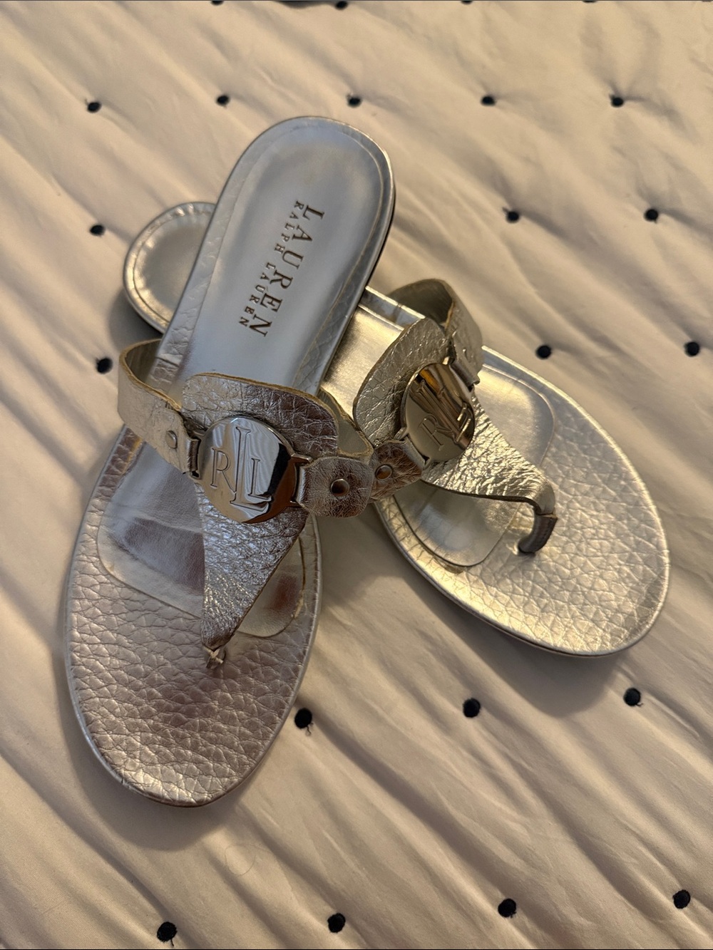 Lauren Ralph Lauren Metallic Silver Logo Thong Sandals